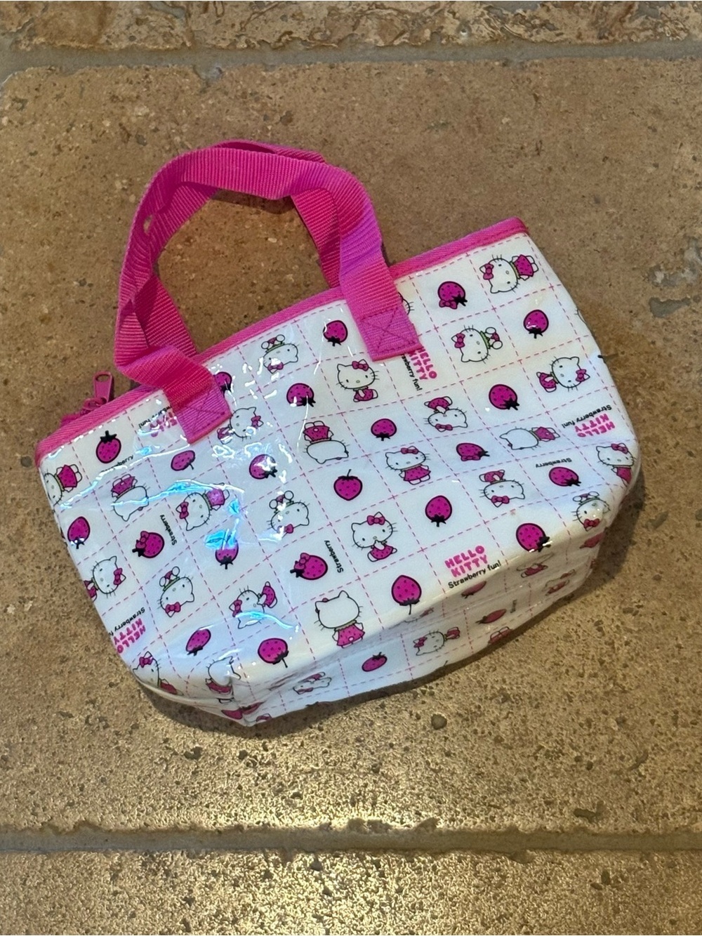 Hello Kitty White & Pink Strawberry Print Lunch Bag 8”x11”